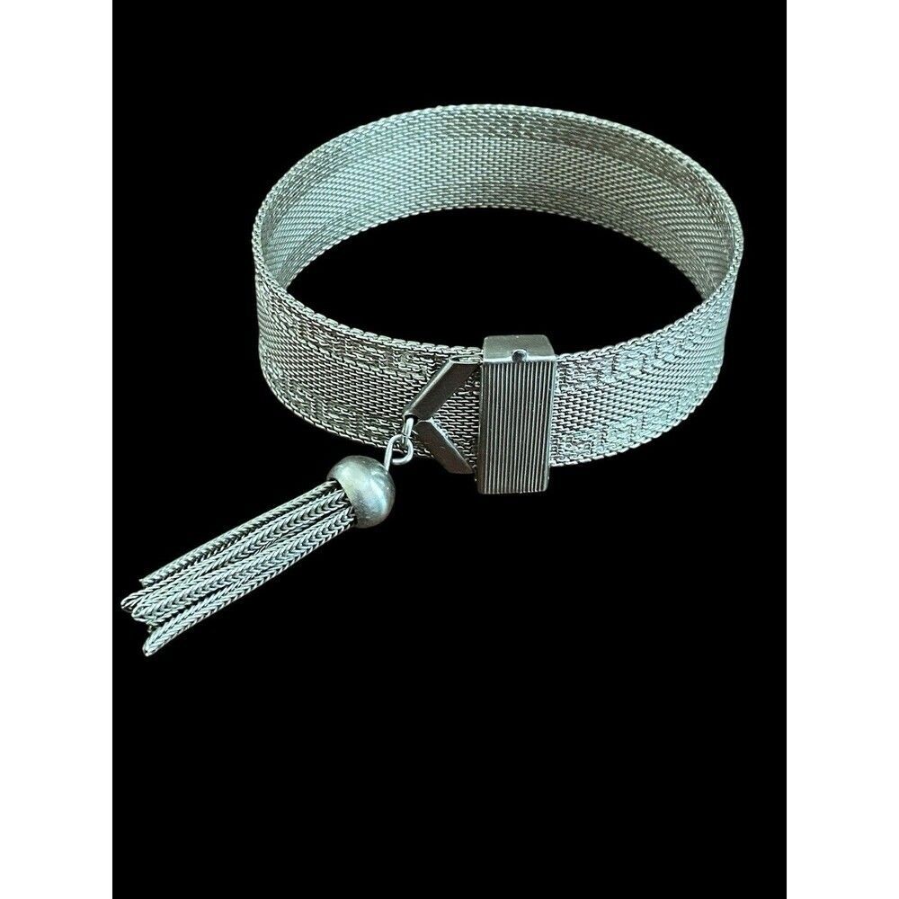 Vintage Bangle Bracelet Silver Tone Mesh Wide Slide Tassel Greek Key Adjustable